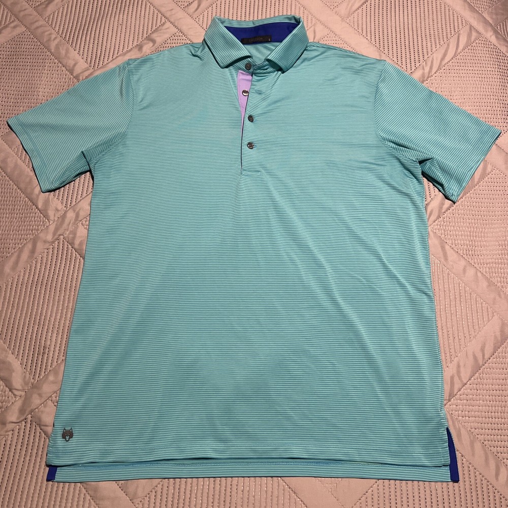 Greyson Shirt Mens Large Blue Green Performance Striped Polo Short Sleeve