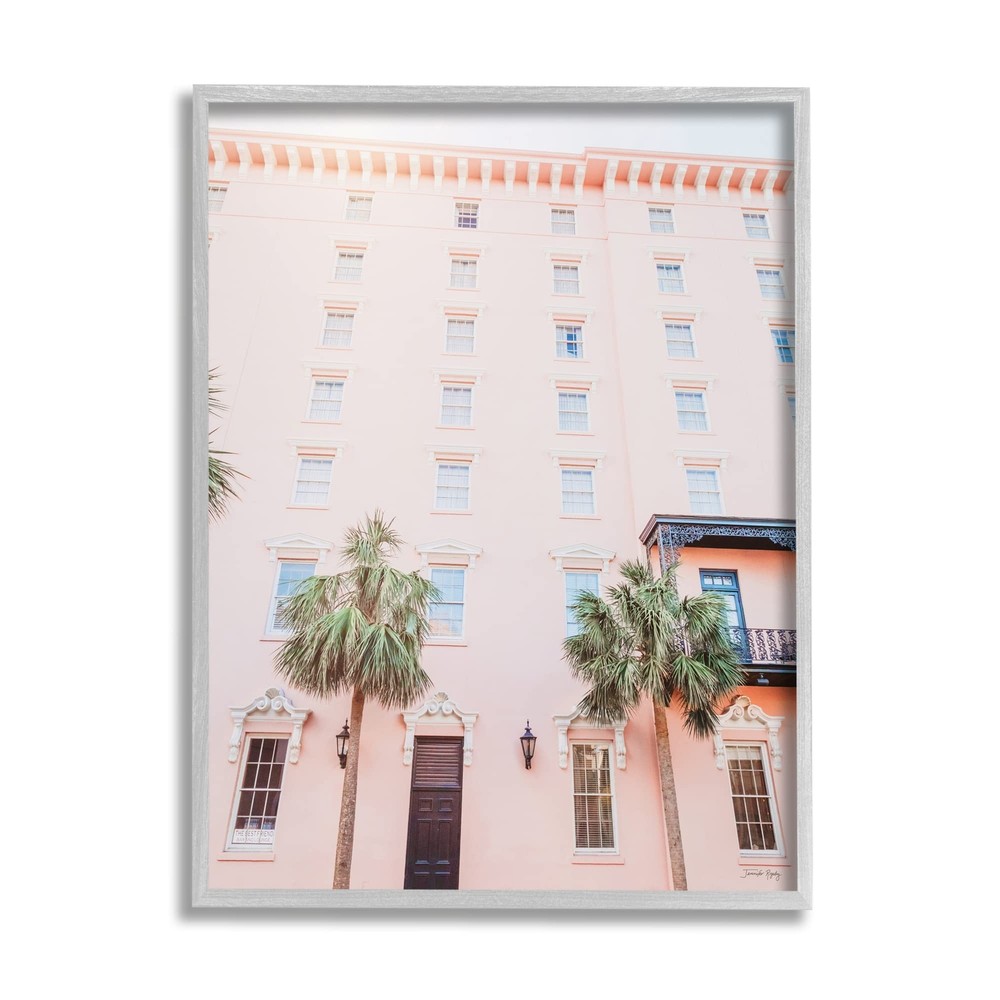 Tropical Pink Vacation Building Summer Palm Trees Framed Wall Art, Design By ...