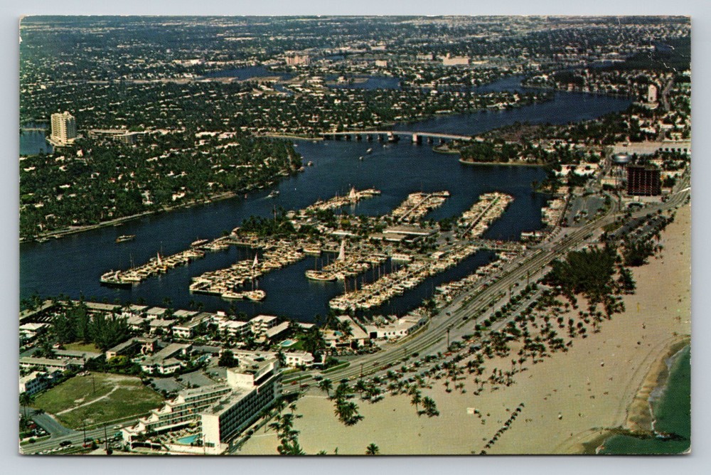 Bahia Mar, Yacht Basin FORT LAUDERDALE FL Aerial View VINTAGE Postcard