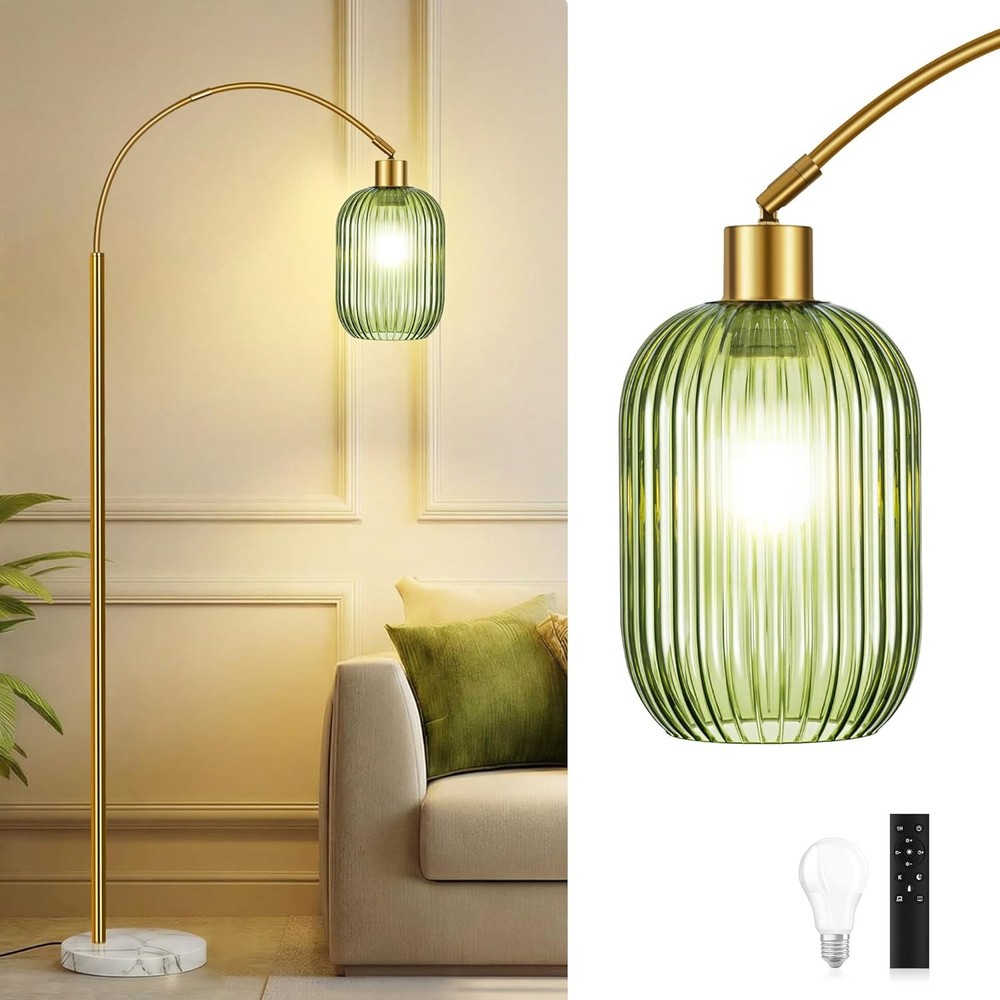 COTTHOS Floor Lamp Living Room Modern Gold Lamp W/ Ribbed Glass Lampshade Marble