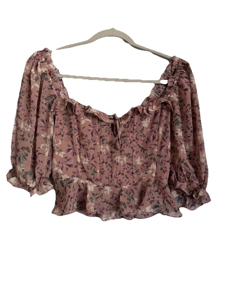 Y2K Floral Off-Shoulder Puff Sleeve Ruffle Blouse Pink Sz M Cropped