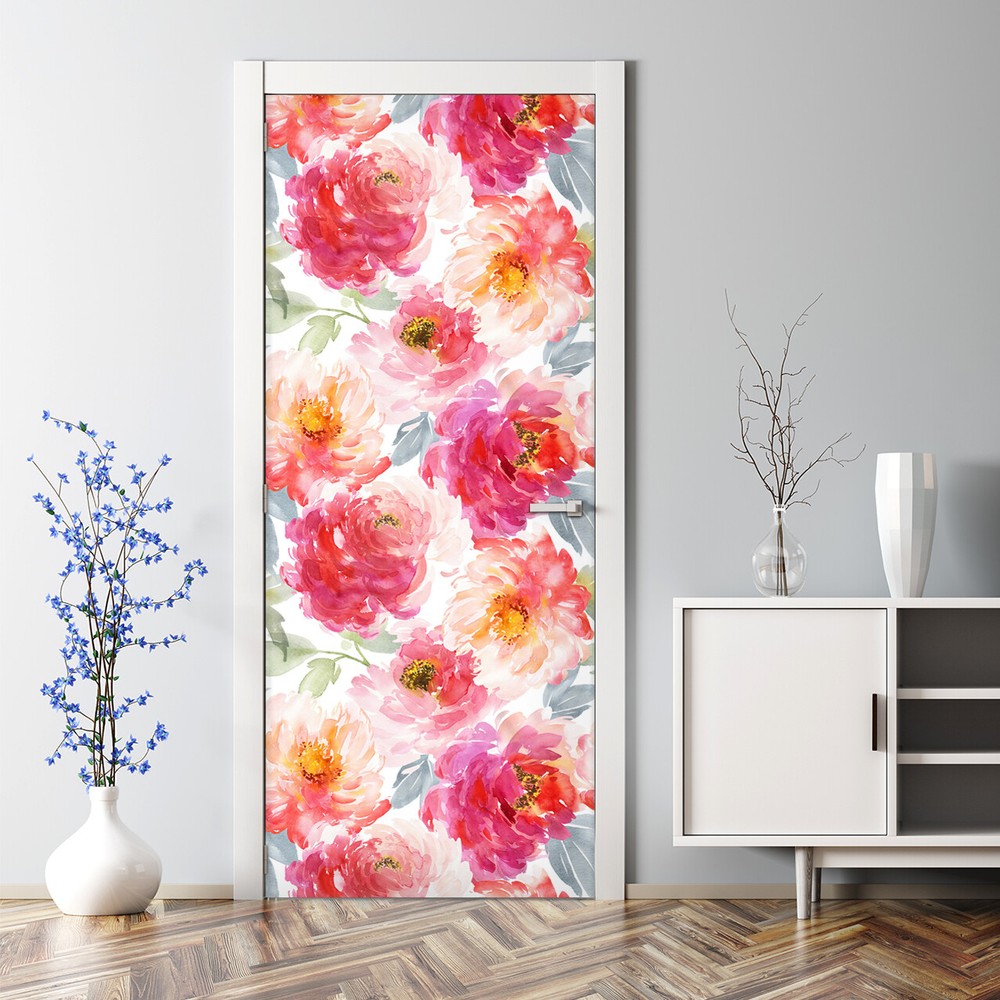 Boho Bubble Free Door sticker flowers Peonies Decal Floral Peel and stick Art.