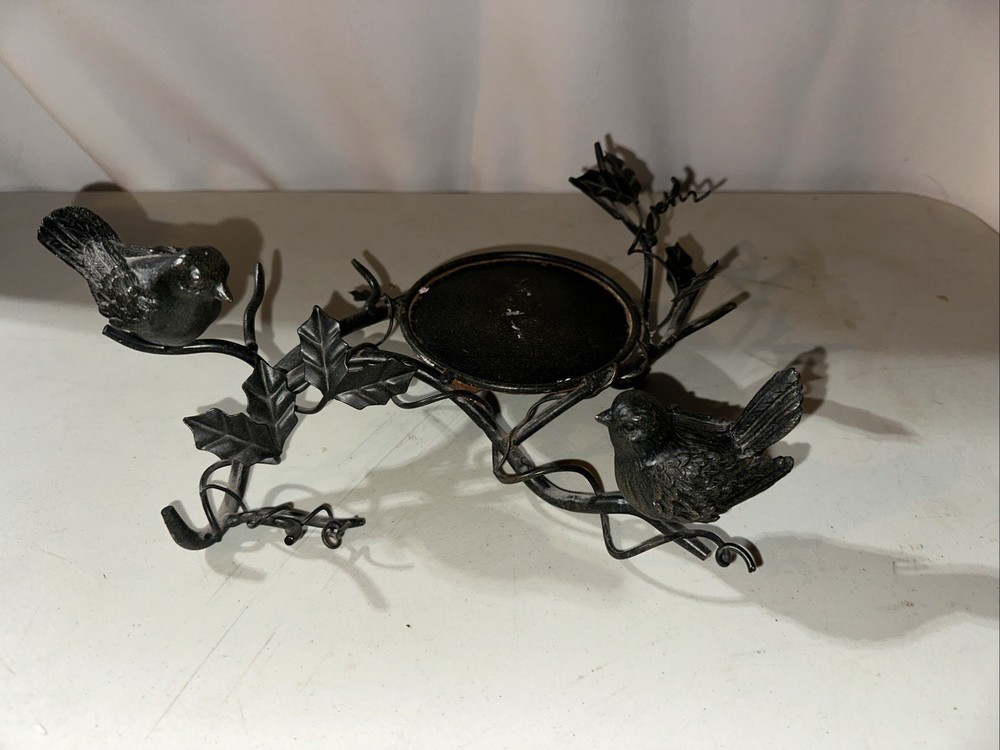 Vintage Wrought Iron Leaf Bird Pillar Candle Holder Tabletop Rustic