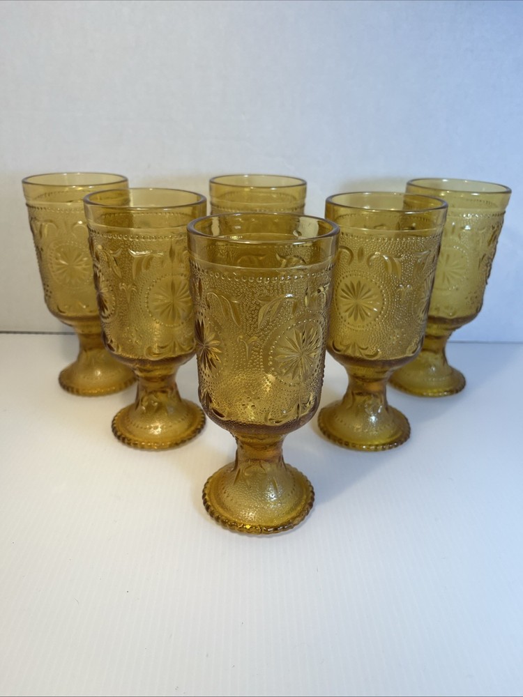 Vintage Set of 6 Tiara Amber Glass Goblets MCM