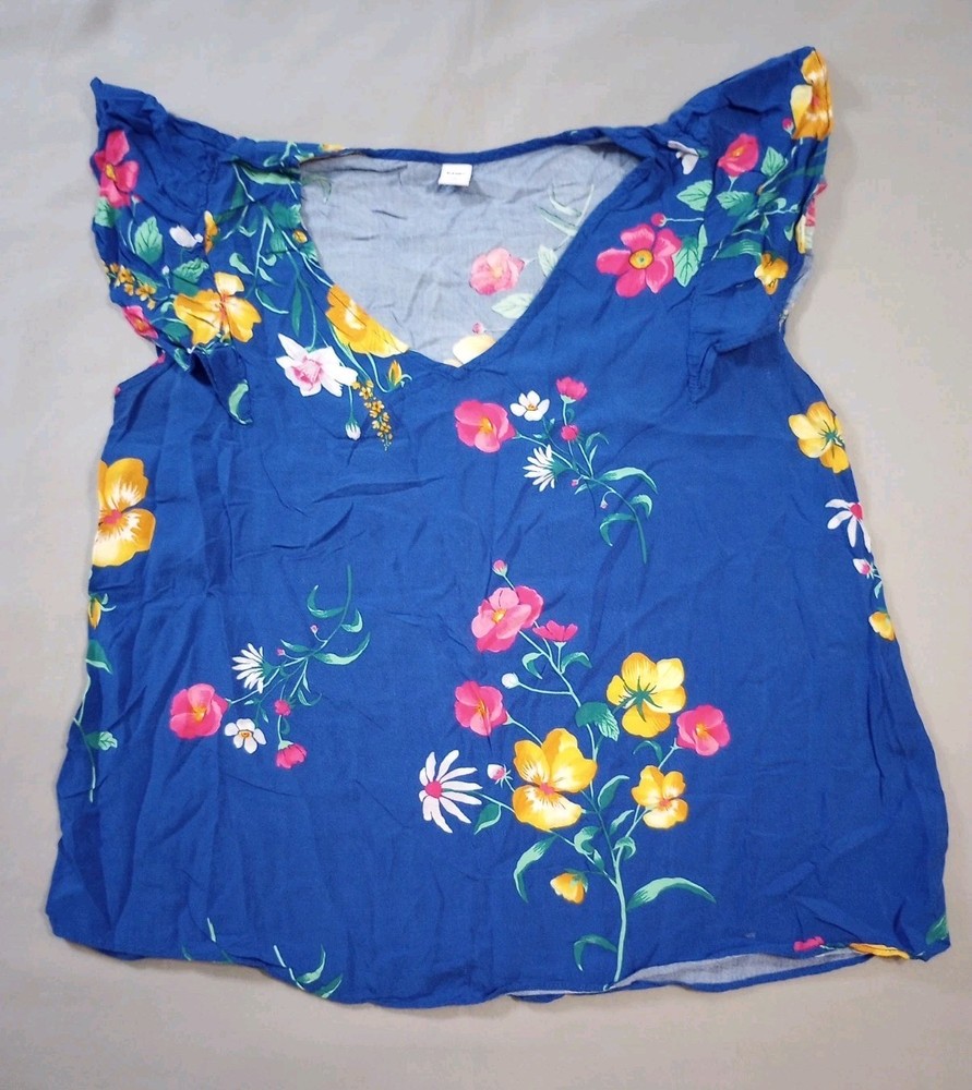 Old Navy Top Womens Medium Blue Pink Yellow Floral V Neck Short Flutter Sleeve
