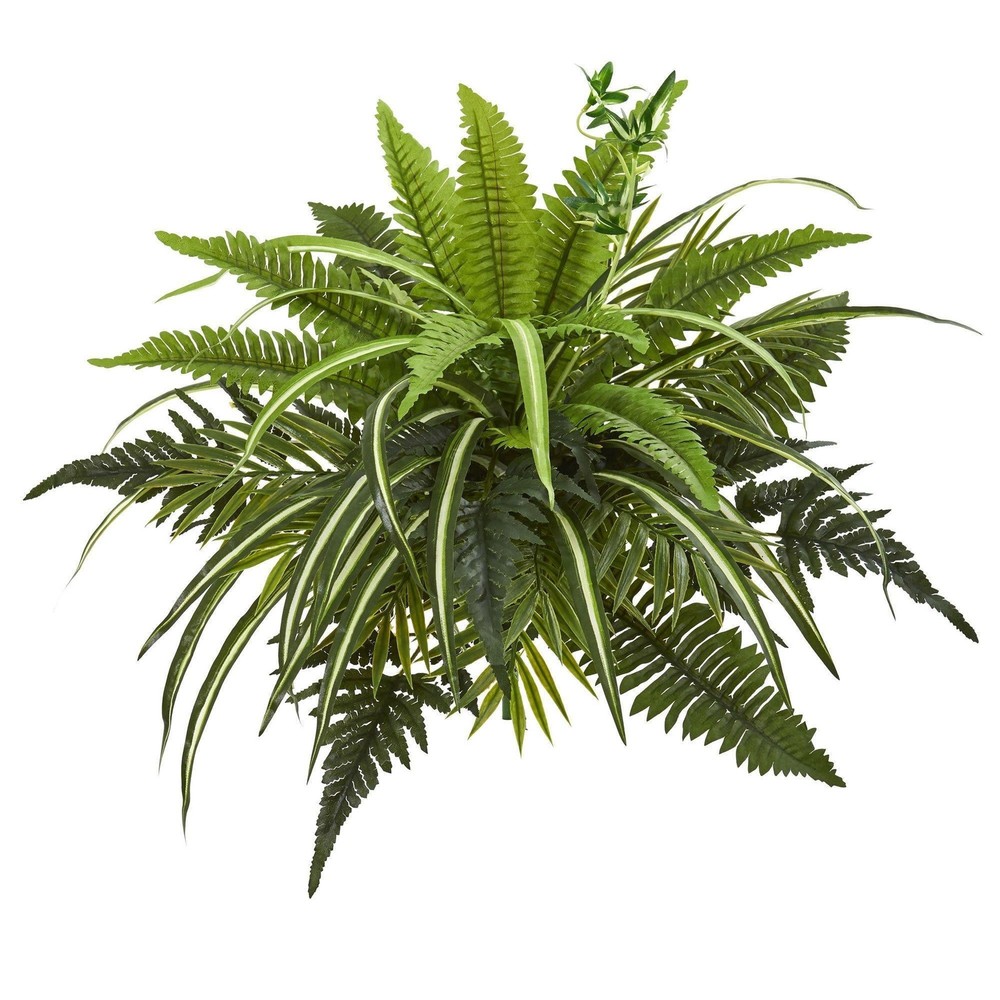 22-Inch Set of 3 Realistic Mixed Greens & Fern Artificial Bush Plants