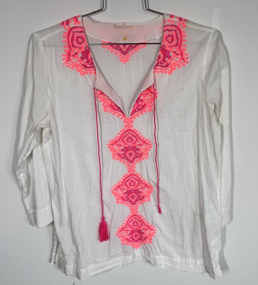 Lilly Pulitzer Amelia Island Long Sleeve Embroidered Tunic Top Resort Womens L