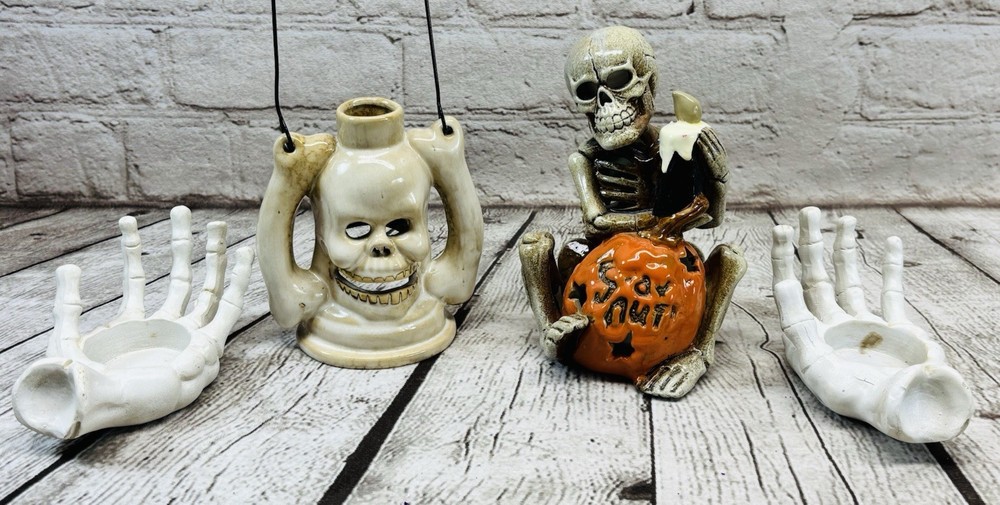 Halloween Skeleton Candle Holder Lot Ceramic Pumpkin Hand Tea Light Decor
