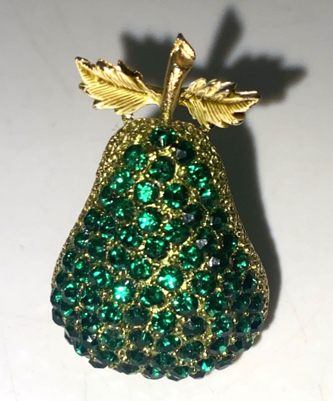 Vintage Gold Tone Green Rhinestone Pear Fruit Brooch Pin