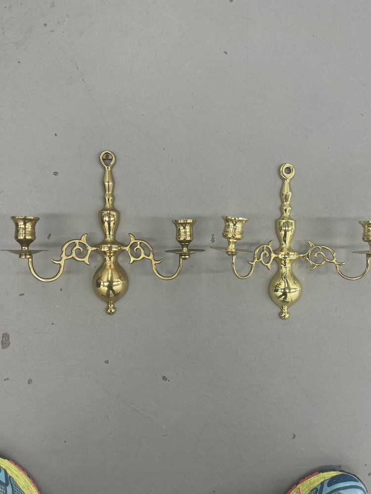 Pair of Vintage Brass Wall Sconces Twin Candlestick Holder Double Arm Candelabra