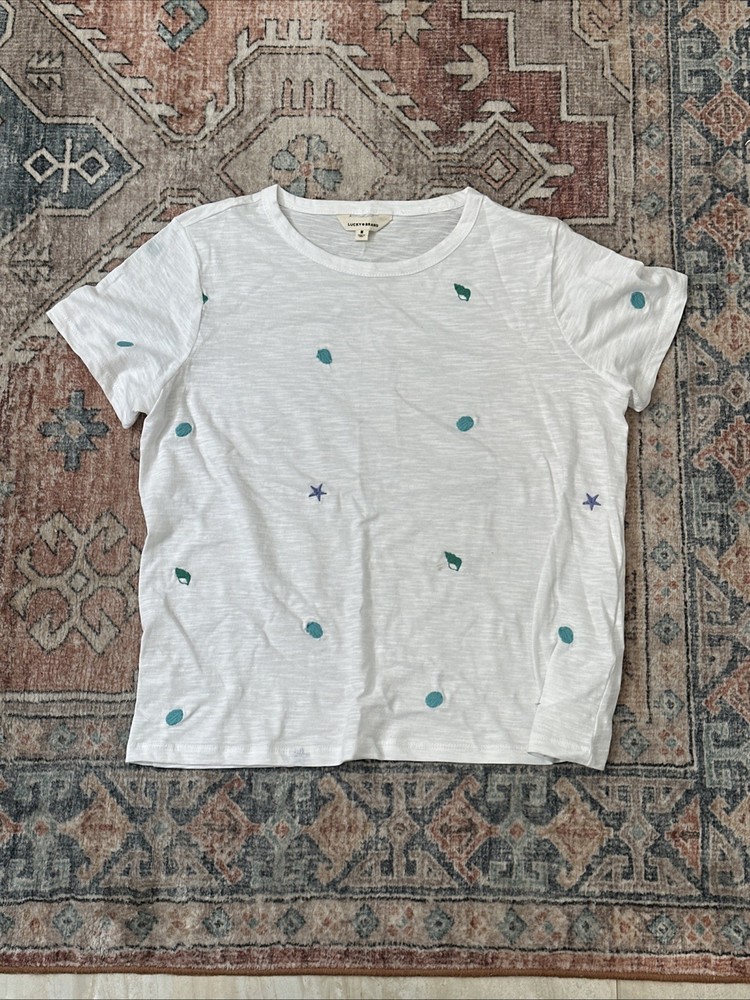 Lucky Brand Shell Embroidered White Short Sleeve Top Summer Size Medium