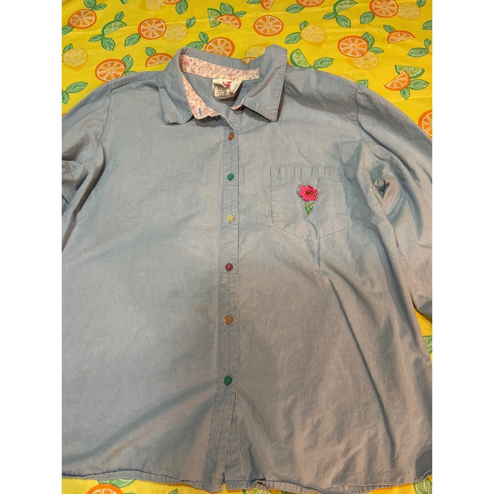 Quacker Factory Button Down Shirt Women 2X Blue Floral Embroidered Cotton Blouse
