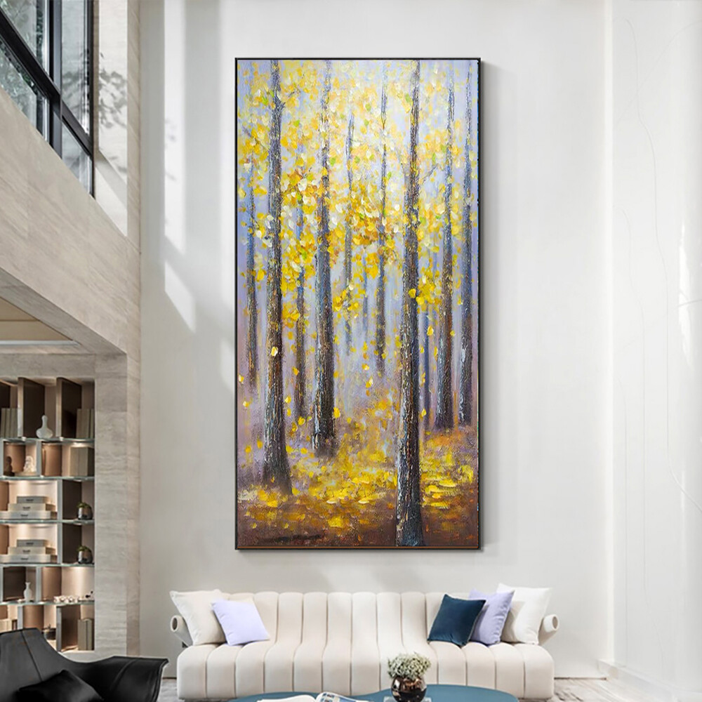 Trees With Yellow Leaves Oil Painting Hand Painted Wall Art Abstract Canvas-image