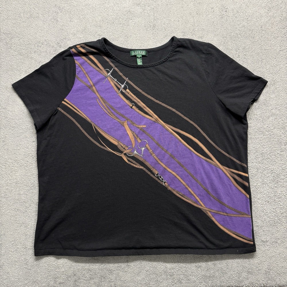 Lauren Ralph Lauren Top Womens 3X Black Short Sleeve T-Shirt Equestrian Bridle