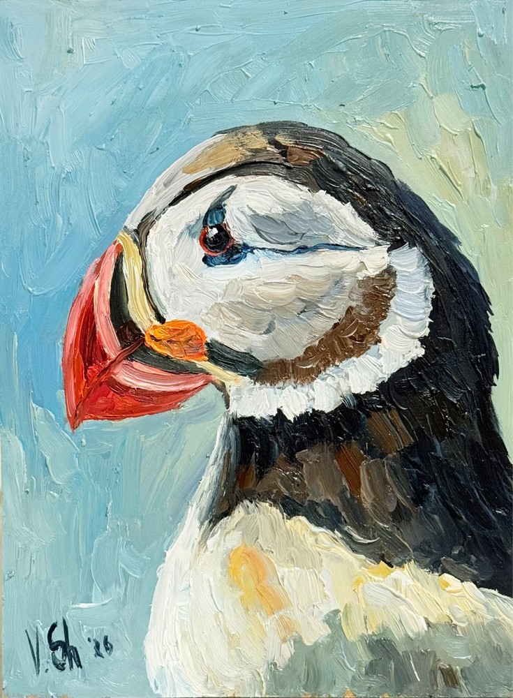 Original Oil Painting Puffin Bird Artwork Miniatures Art Impasto 6x8 inch