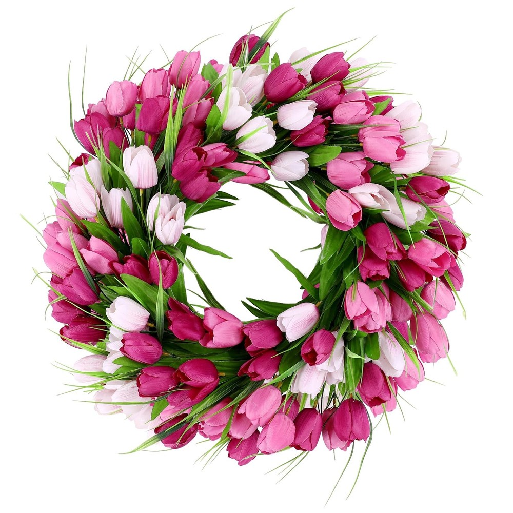 U'Artlines 20 Inch Tulip Wreath for Front Door, Spring Summer Silk Wreath wit...