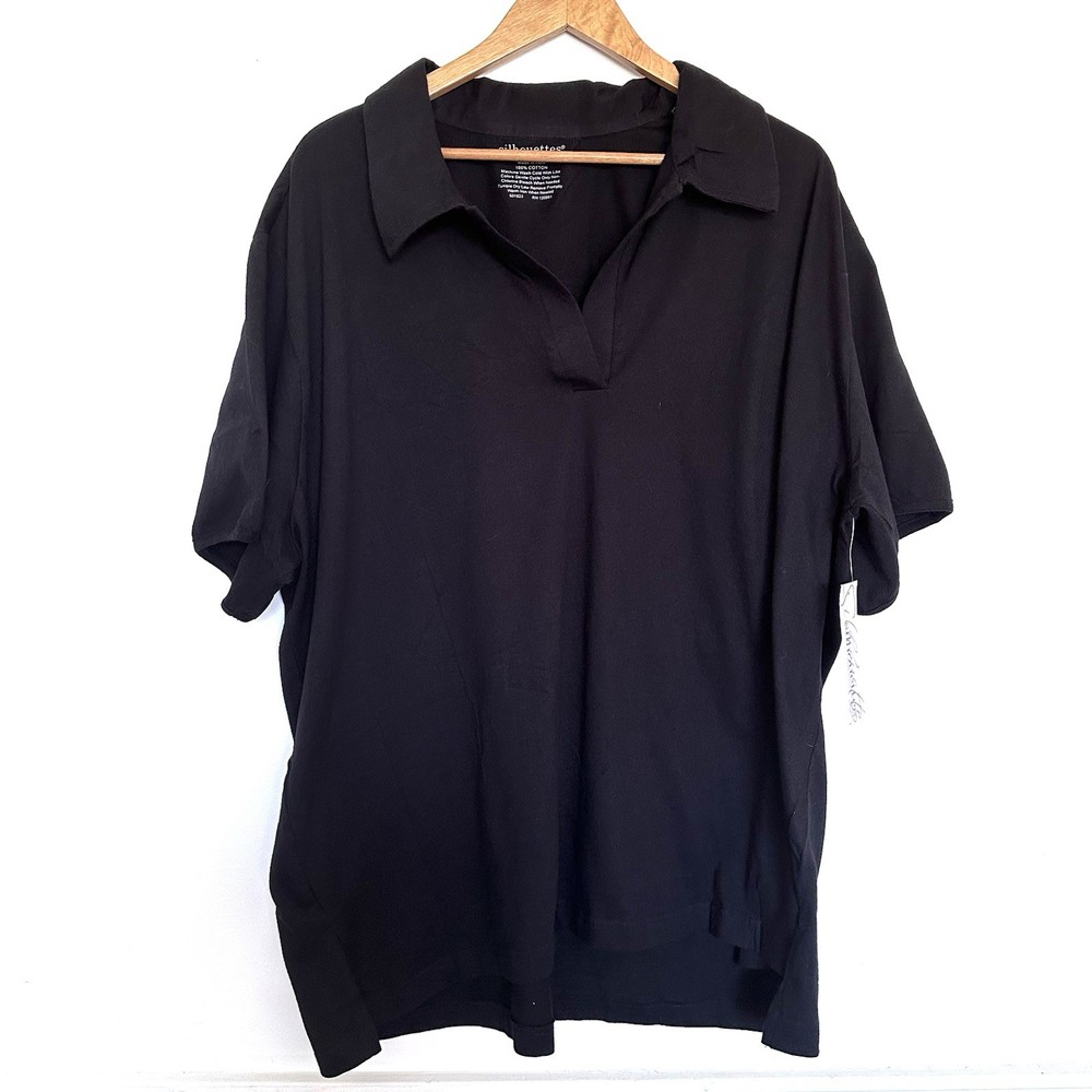 NWT Silhouettes Plus Polo Shirt Women’s 3X Black Cotton Short Sleeve Collar Top