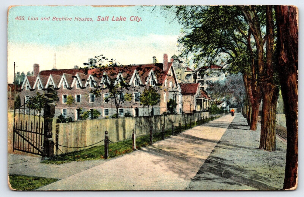 Vintage Old Antique Postcard Lion And Beehive Houses Salt Lake City Utah USA