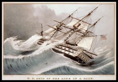 U.S. ship of the line in a gale,c1847,Currier & Ives Photo,waves,American Flag