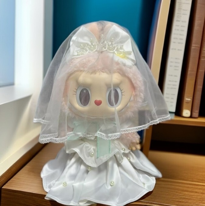 38CM POP MART Labubu Plush Doll Satin Wedding Dress Costume Only