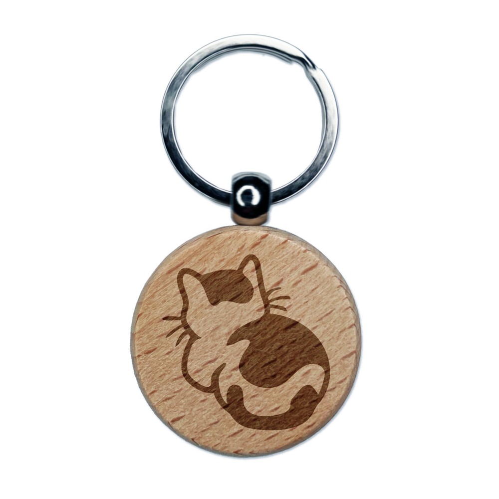 Cat Backside Engraved Wood Round Keychain Tag Charm