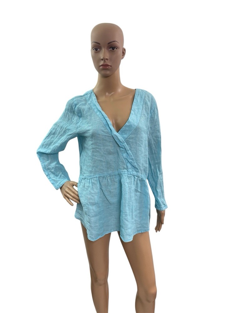 Cynthia Rowley Women’s Size L Long Sleeve V Neck Solid Blue Linen Blouse
