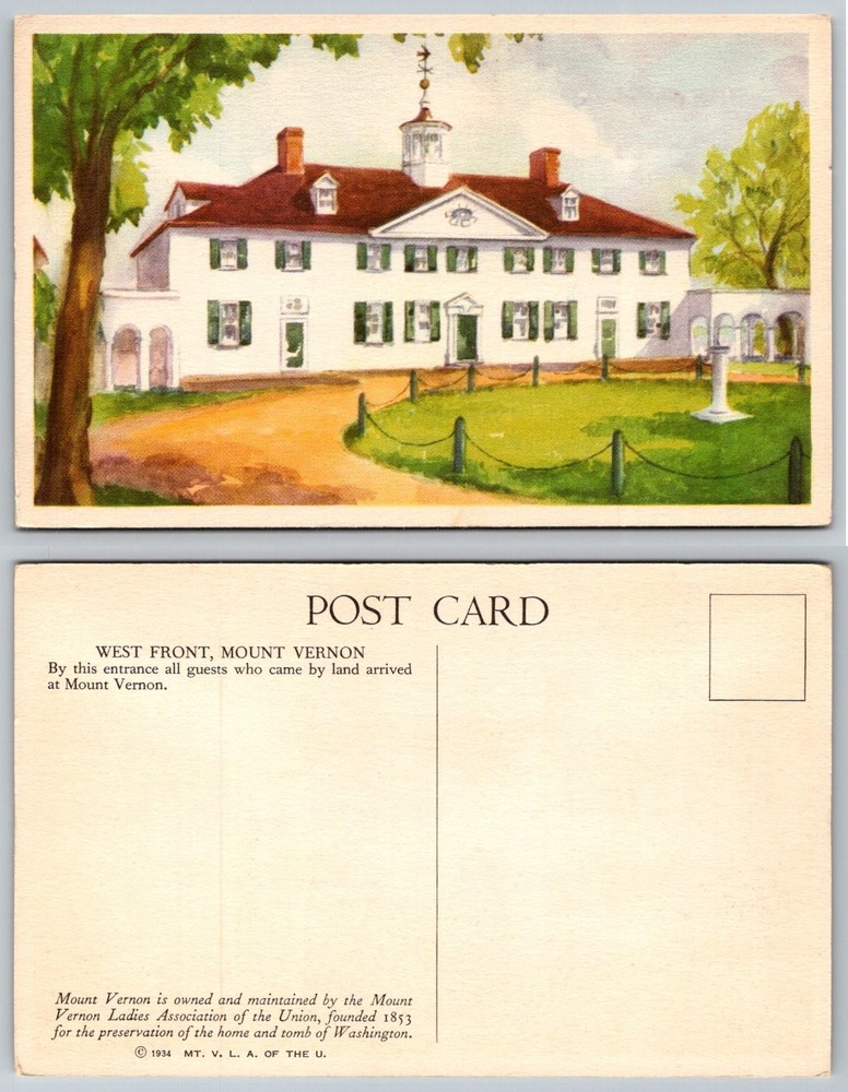 1934 Mount Vernon West Front Postcard George Washington Home Virginia Vtg