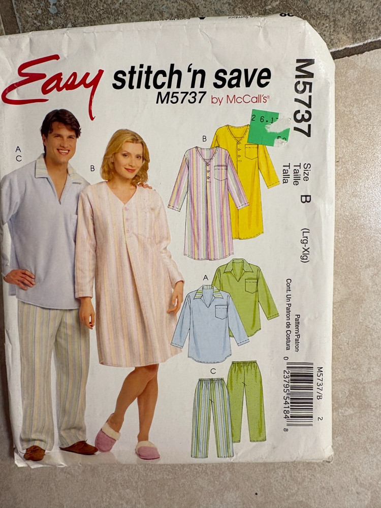 McCalls 5737 sewing pattern: His/Hers Pajamas, sizes L-XL  UNCUT