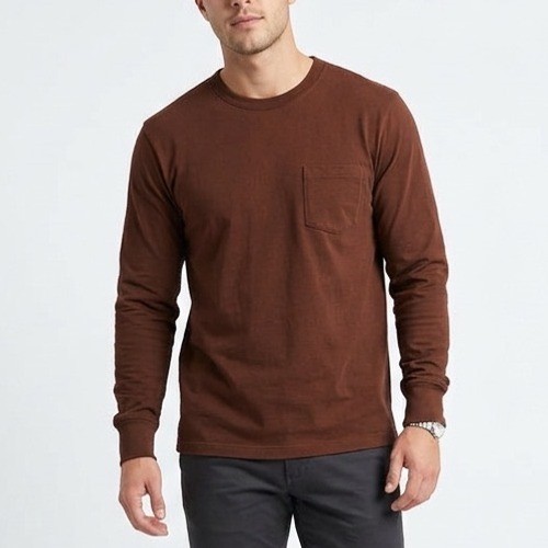 American Giant T-Shirt Men Large Brown Cotton Crew Neck Front Pocket Long Sleeve