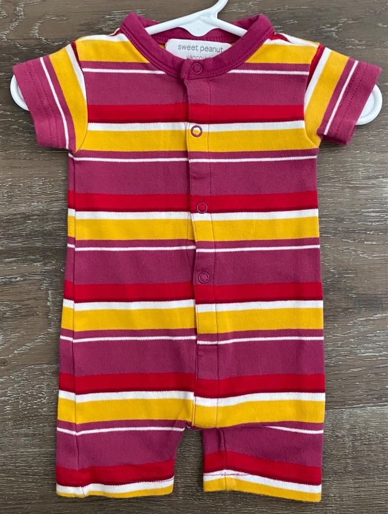 SWEET PEANUT boutique pink, red, yellow, & white striped romper~size 0-3 months