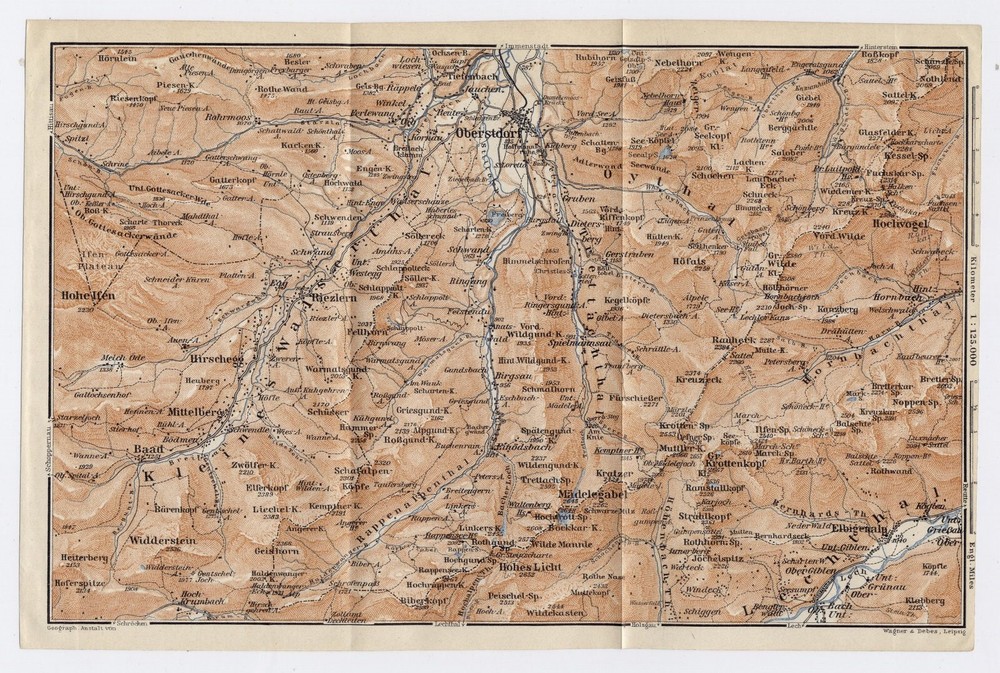1910 Antique Map Of Vicinity Of Oberstdorf Allgäu Bavarian Alps Bavaria Germany