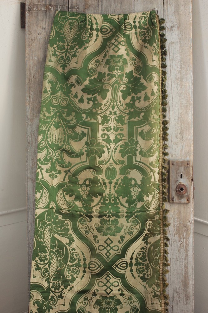 Silk Brocatelle antique French green bed curtain hanging  w/ trim brocade