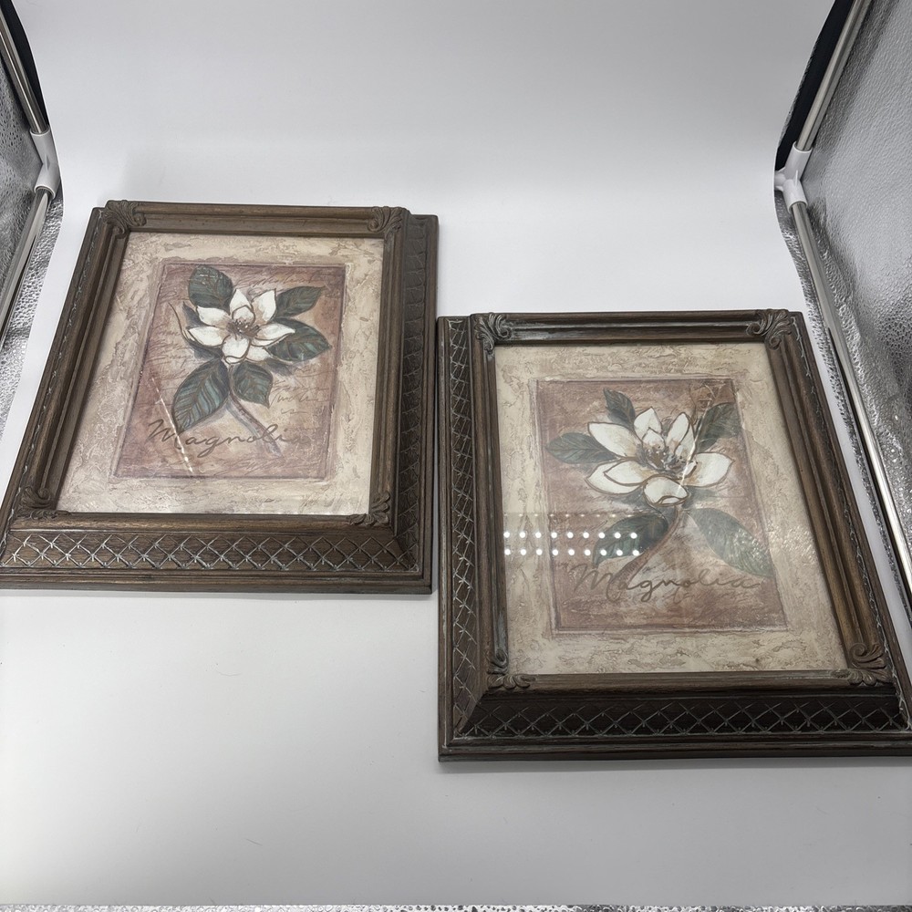 Set of 2 Magnolia Floral Print Home Interiors Framed Wall Art Decor 10 x 12.5
