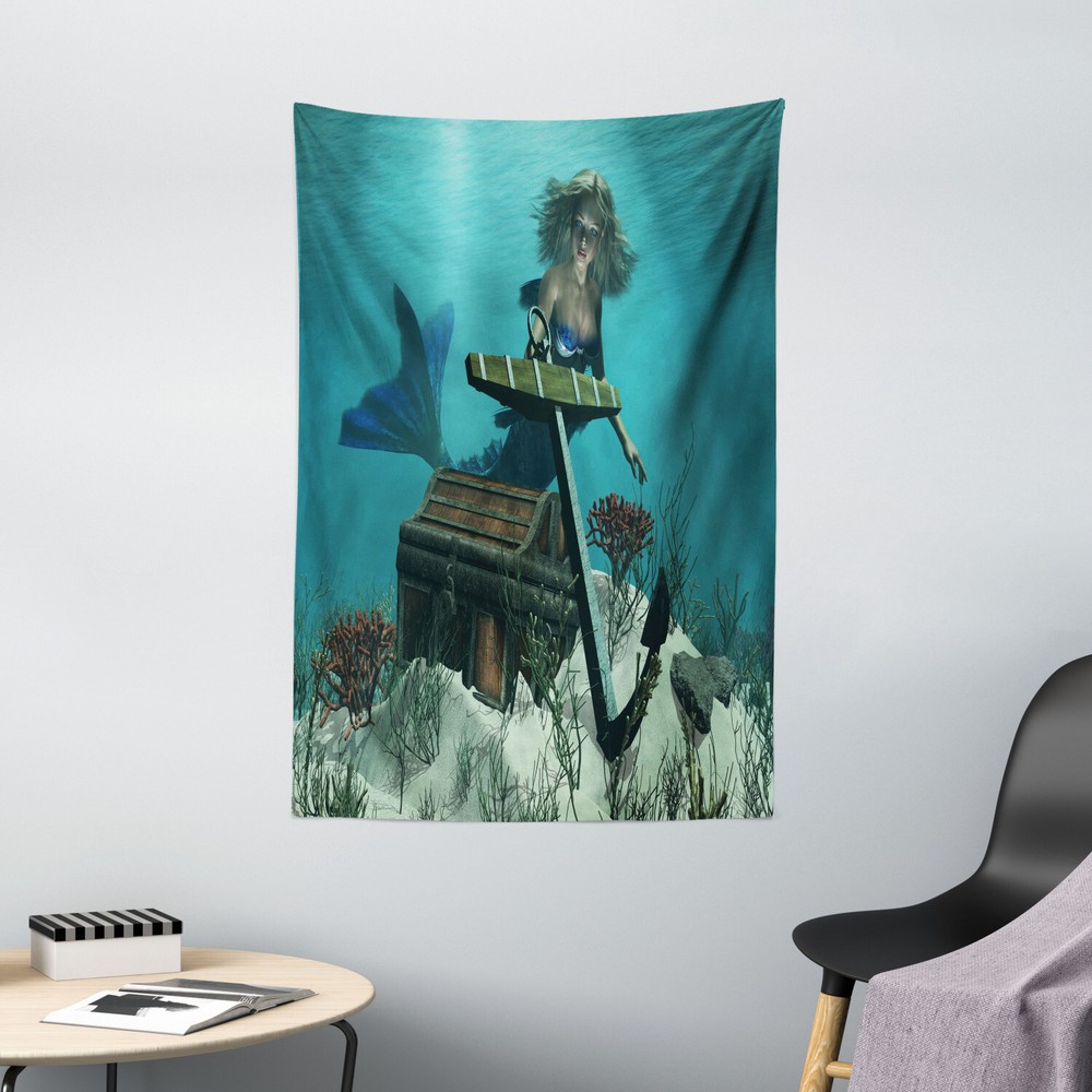 Mermaid Tapestry Ocean Mythical Pirate Print Wall Hanging Decor