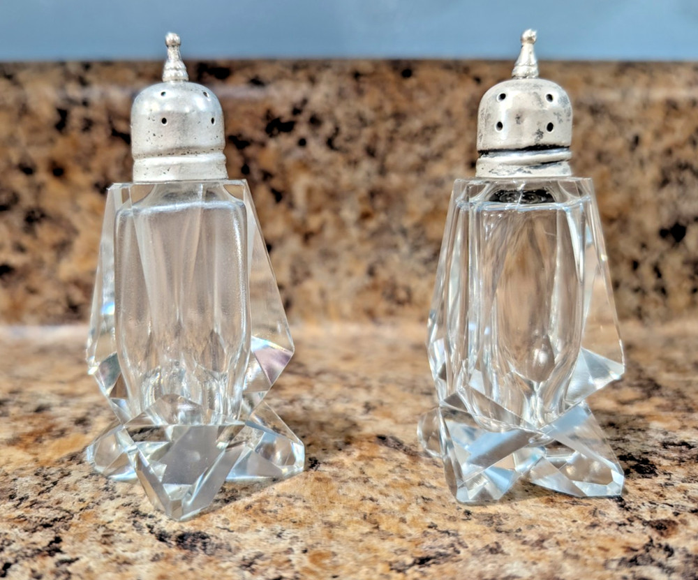 Vintage Clear Cut Crystal Glass Salt Pepper Shakers Set Metal Lids Caps 4 3/4
