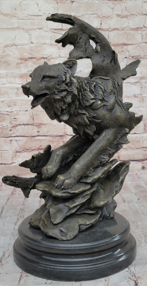 Miguel Lopez Original Bronze Howling Wolf on Moon Sculpture Brown Patina Figure