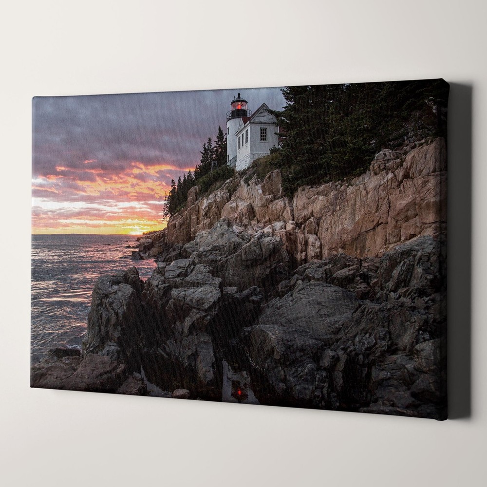 Lighthouse in Acadia National Park Maine Ocean Landscape Canvas Wall Art Print-image