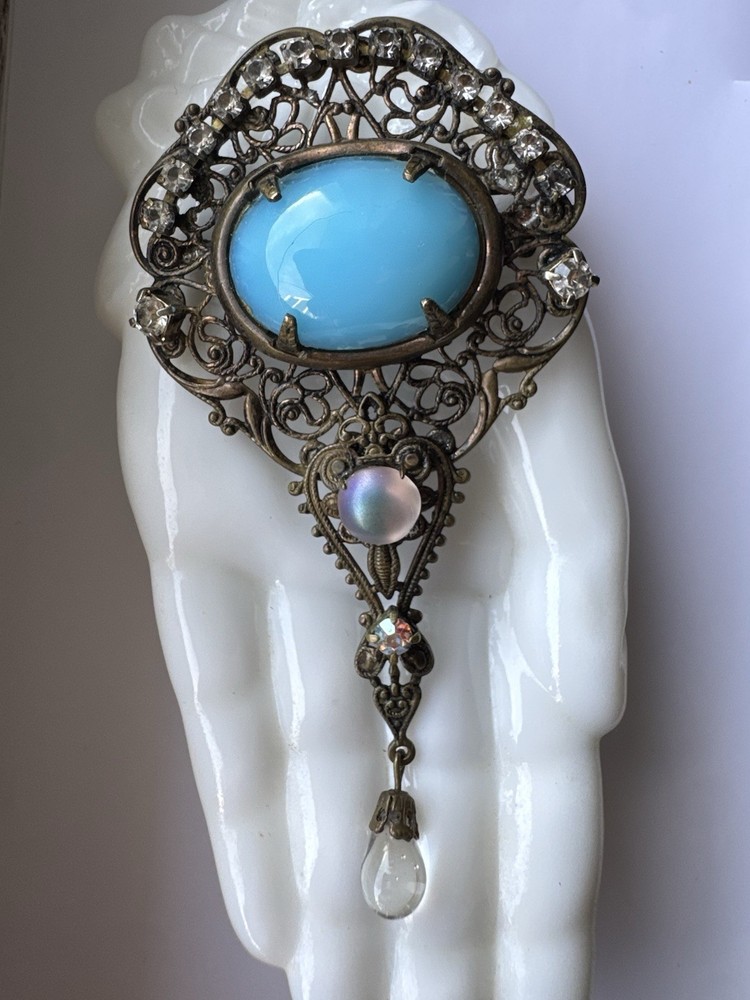 Vintage Victorian Revival Blue Glass Filigree Brooch Pin Brass Tone