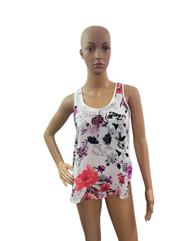 Loft Women’s Size SP Sleeveless Round Neck White Floral Blouse