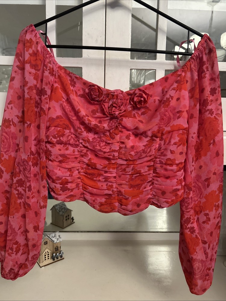 Free People Women’s Floral Cropped Off The Shoulder Long Sleeve Top Size Xs