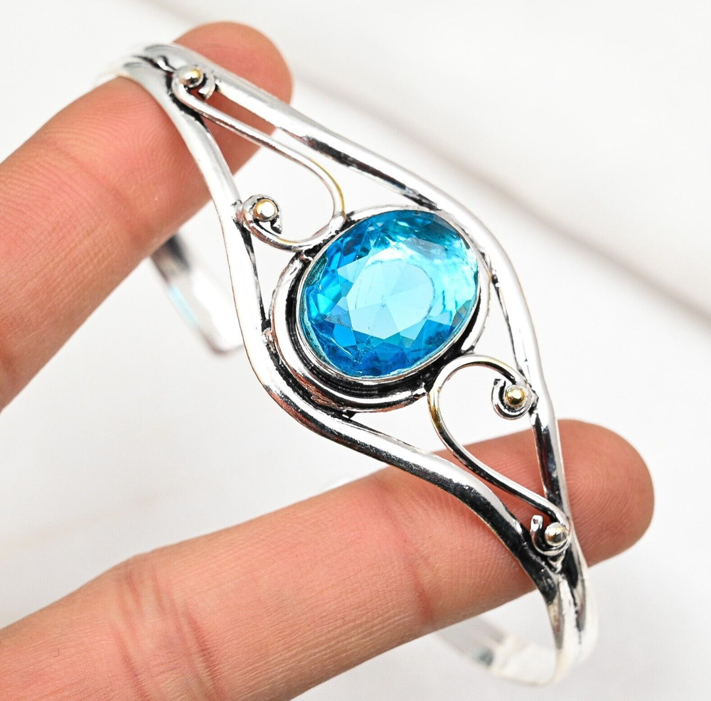 Blue Topaz Bracelet Gemstone 925 Sterling Silver Handmade Designer Jewelry
