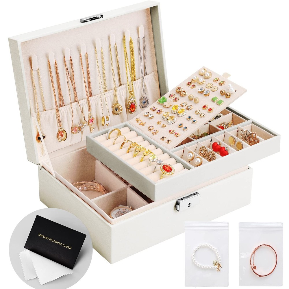 2-Layer Leather Travel Jewelry Box Organizer for Women & Girls