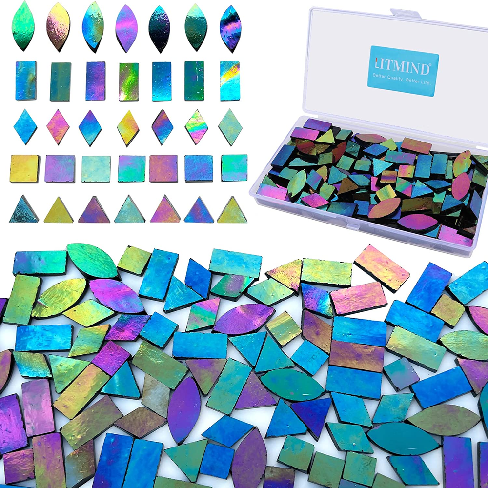 LITMIND Iridescent Glass Mosaic Tiles for Crafts, 240 Pieces 5 Shapes Mixed Stai
