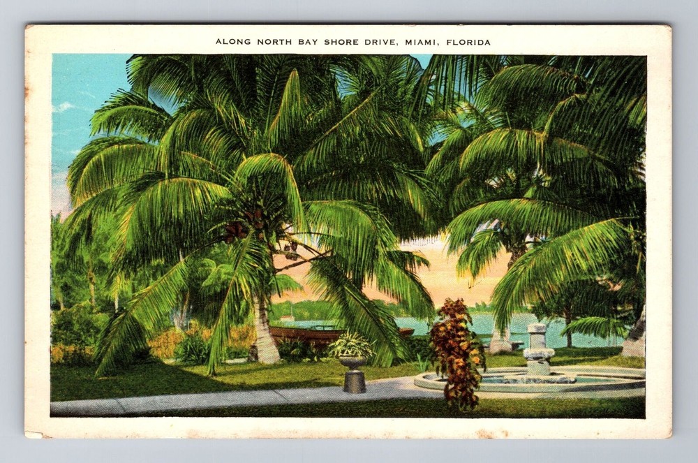 Miami FL-Florida, Along North Bay Shore Drive, Antique Souvenir Vintage Postcard