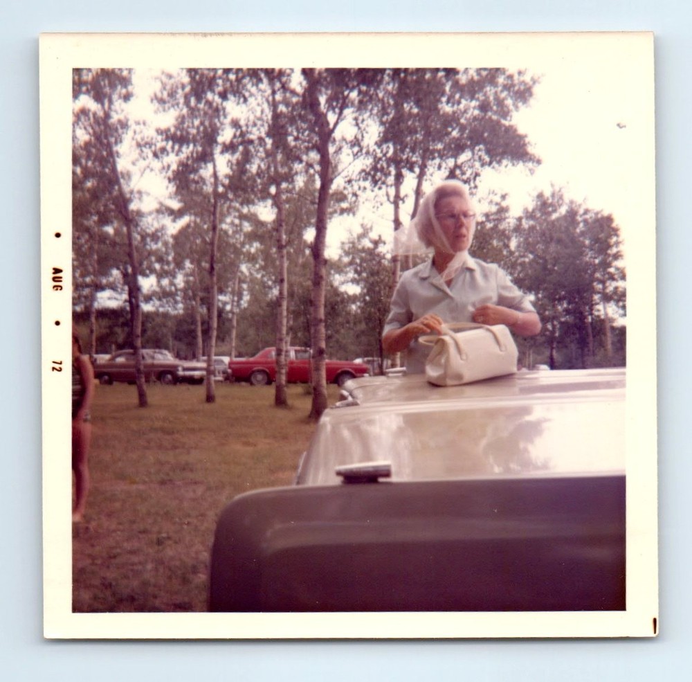 Old Vintage Square Color Photo SOLO OLDER WOMAN PURSE CLASSIC CAR FOUND PIC