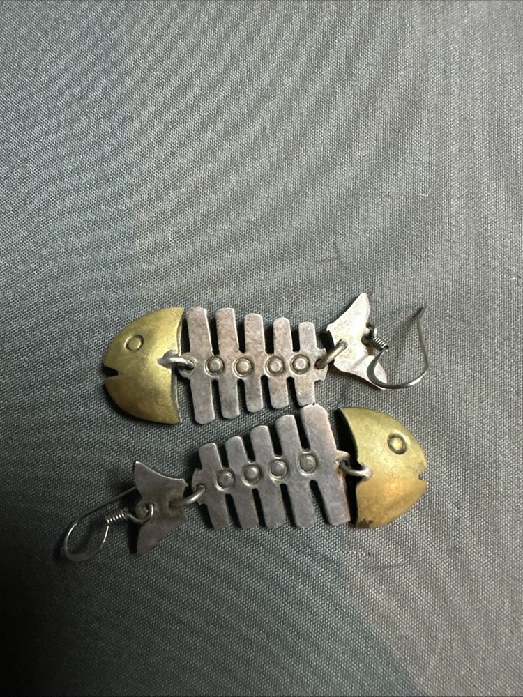 Vintage Mexico Fish Bones Skeleton Pierced Earrings /Sterling Silver Brass Head