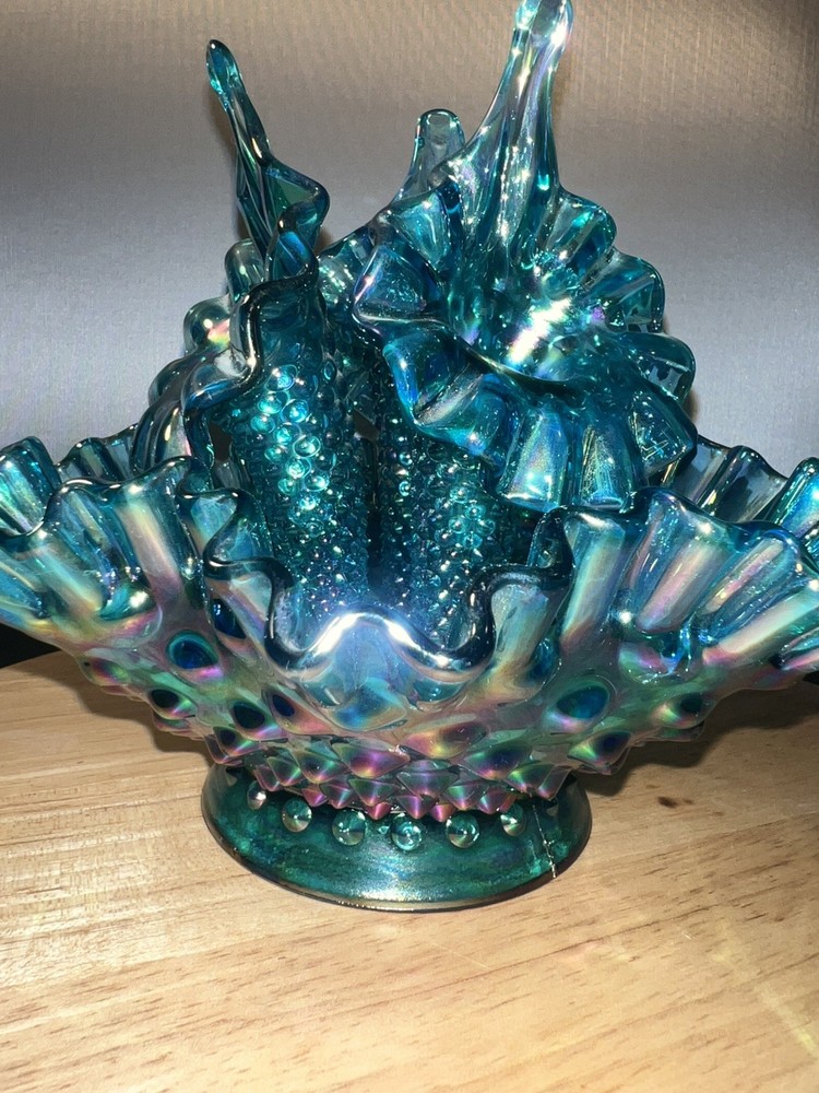 Fenton Teal Marigold Iridescent Hobnail 3 Horn Epergne- Pre Owned