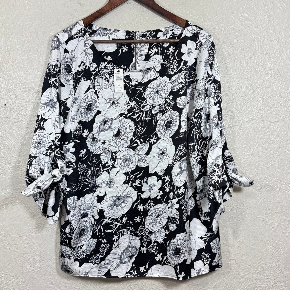 Talbots XL Floral Blouse in White Black Textured Tie Knot Minimalist Artsy NWT