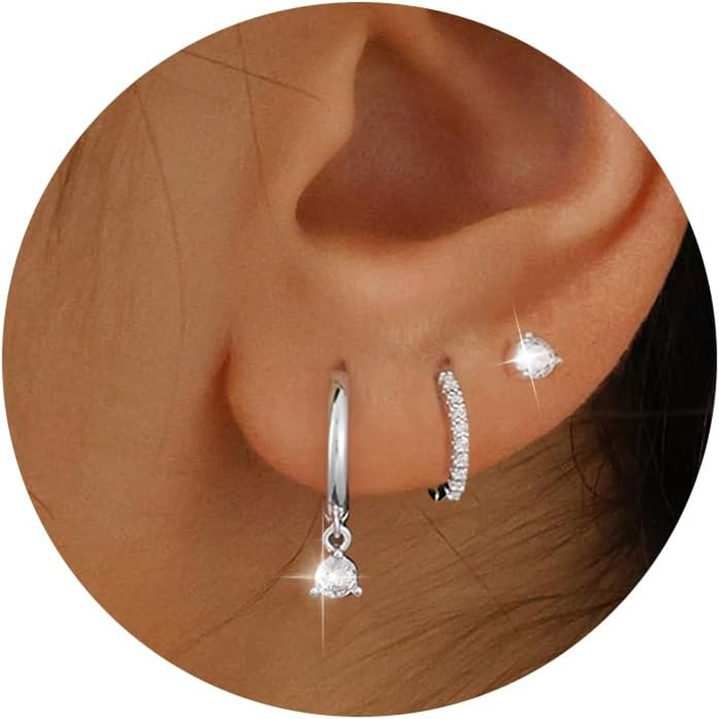 3 Pairs Silver Hoop Earrings Set: Dainty Stud Earrings Trendy Small 925 Sterling