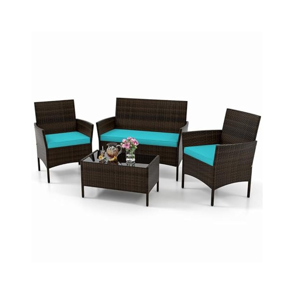 Turquoise Rattan Patio Set with Loveseat Chairs and Glass Coffee Table